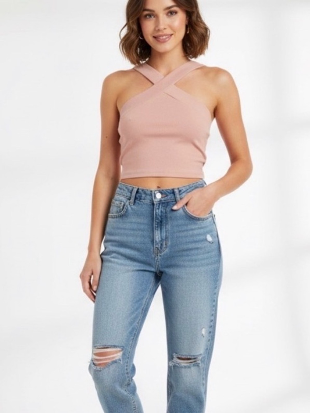 Beige Ribbed Cross Halter Crop Top Y2K Festival Going Out Tank